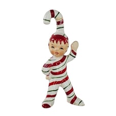 Vintage Lefton Candy Cane Kids Figurine Pixie Elf Waving AS IS Repaired