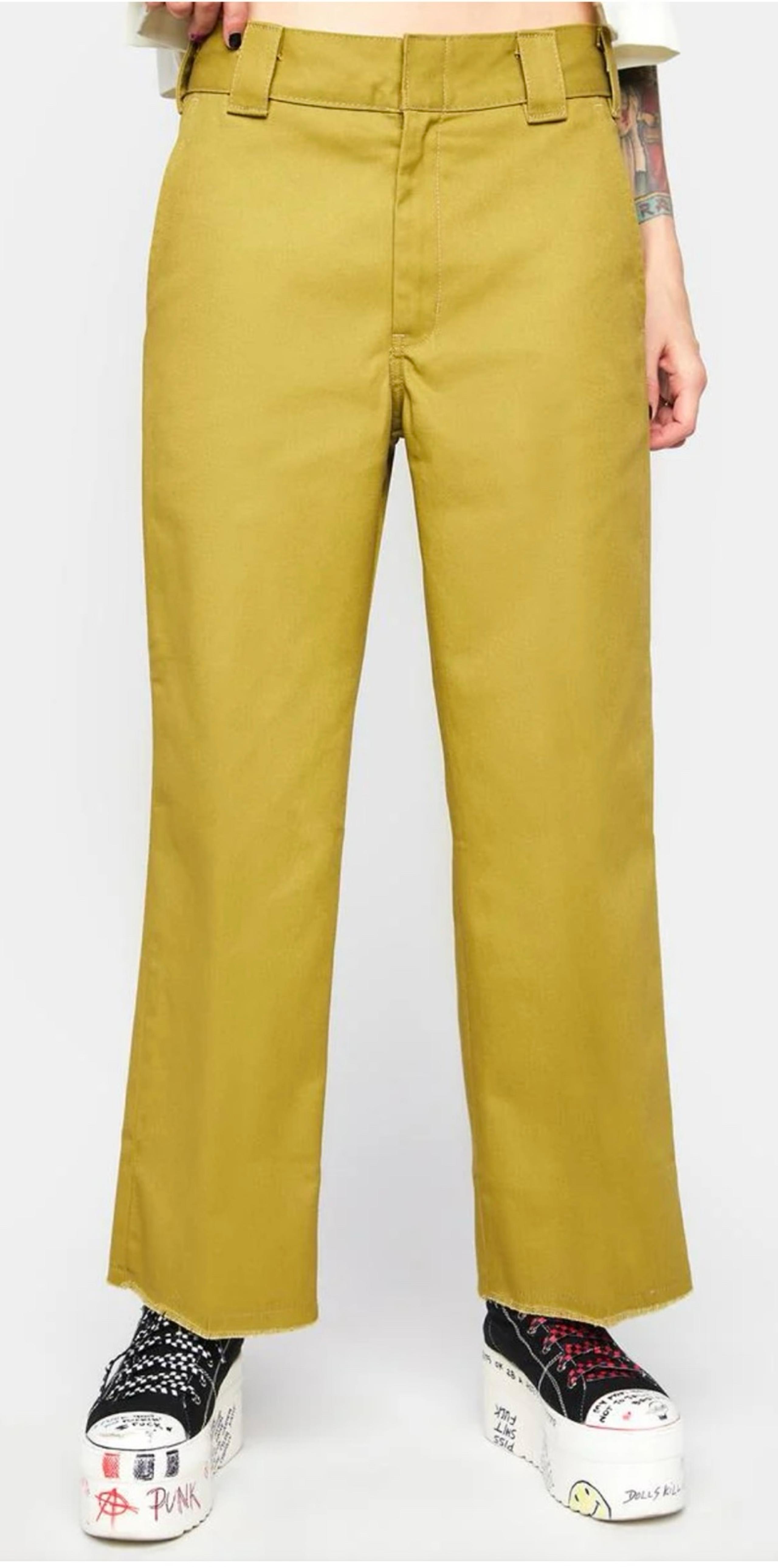Dickies Women's Twill Cropped Pants Frayed hem - Wide Leg Moss Green  -Sz 8