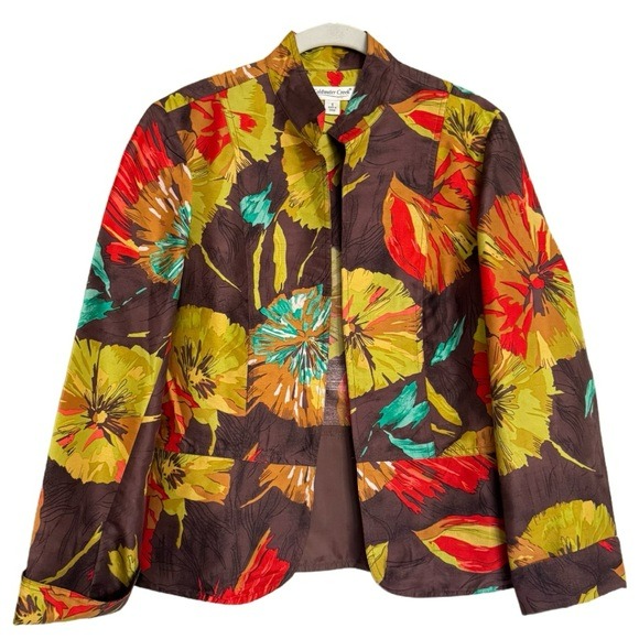 COLDWATER CREEK Bold Floral Silk Open Jacket Small Mandarin Collar Bloomcore