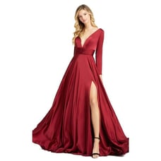 IEENA for Mac Duggal Long Sleeve Ruched Waist satin V-neck