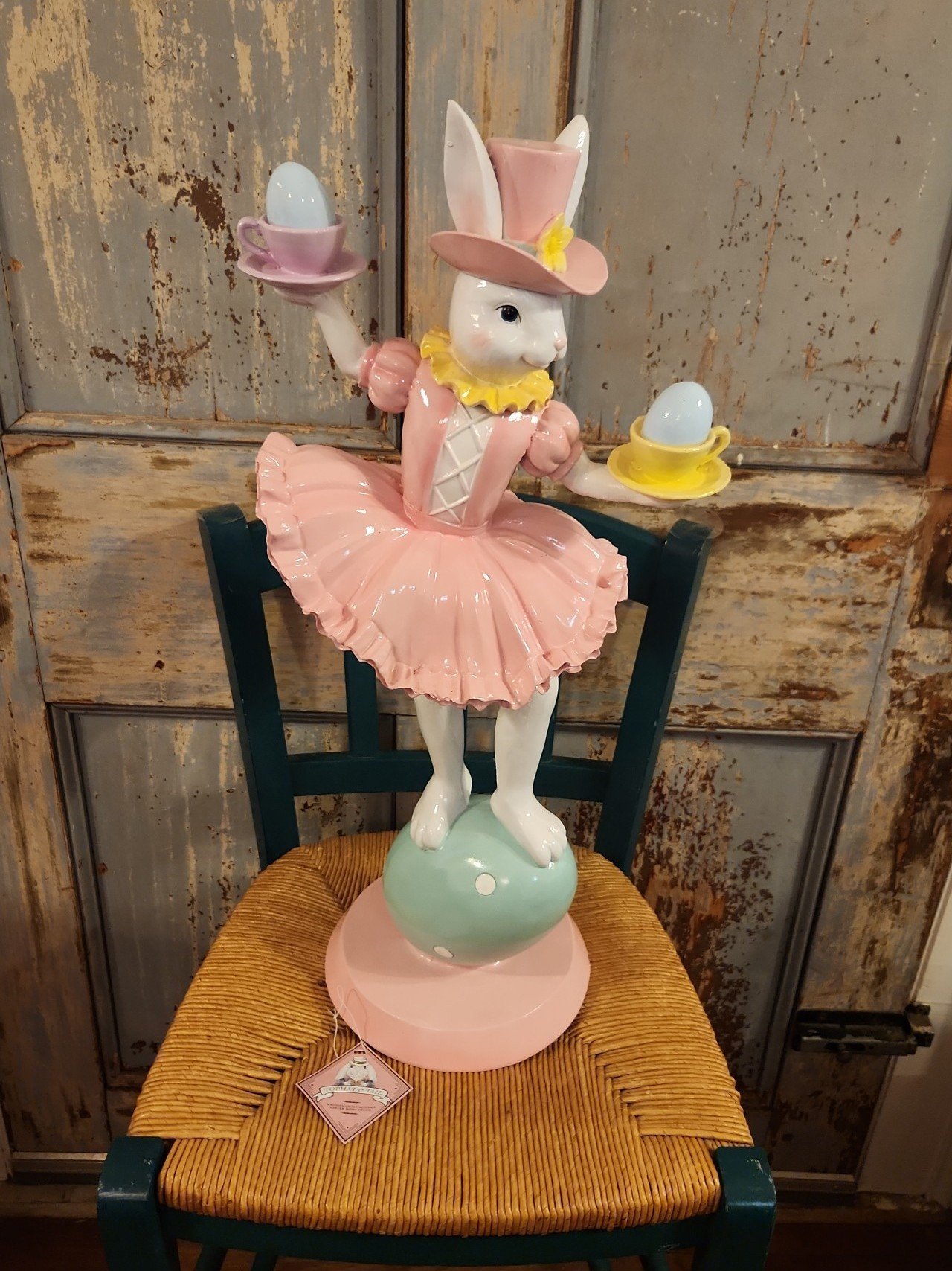 2 ft XL EASTER MAD HATTER BUNNY N PINK DRESS & TEACUPS & EASTER EGGS - LAST ONE