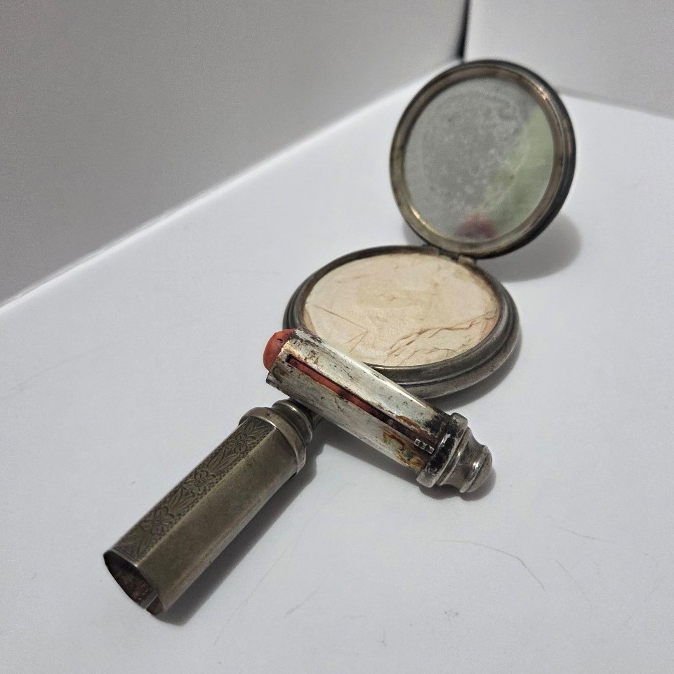 Antique Late 1800s .835 German Silver Hand Mirror/Compact/lipstick holder combo