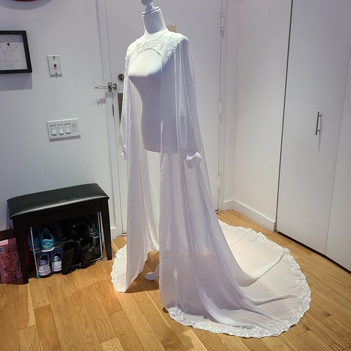 Custom White Bridal Veil Wedding Ceremony Cloak w/ Sleeves