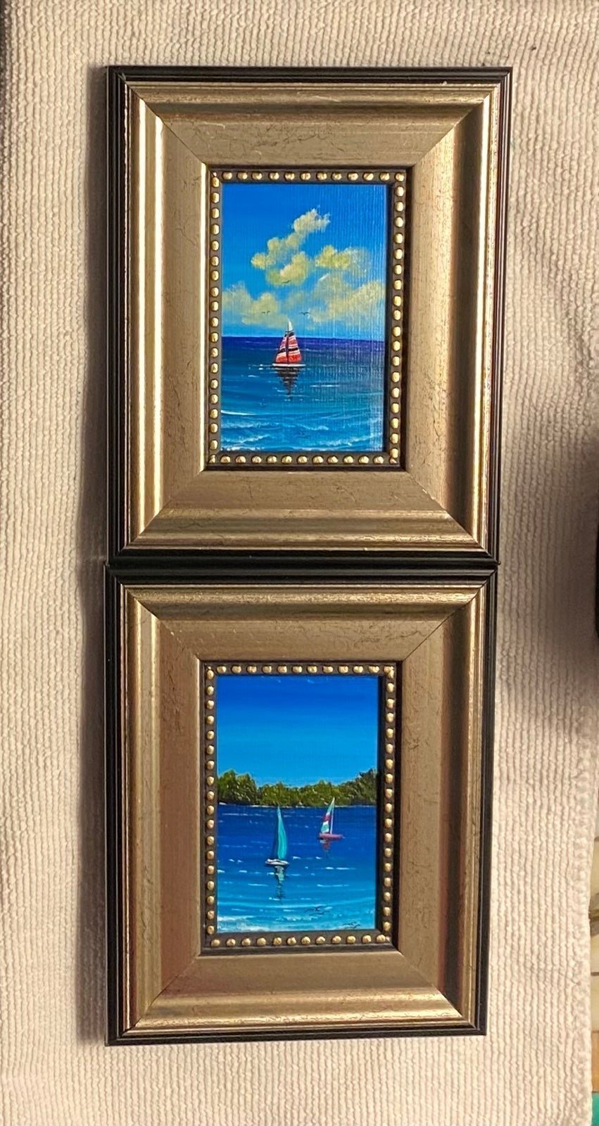 TWO Framed Original Sailboat Oceanscape Small Oil Paintings