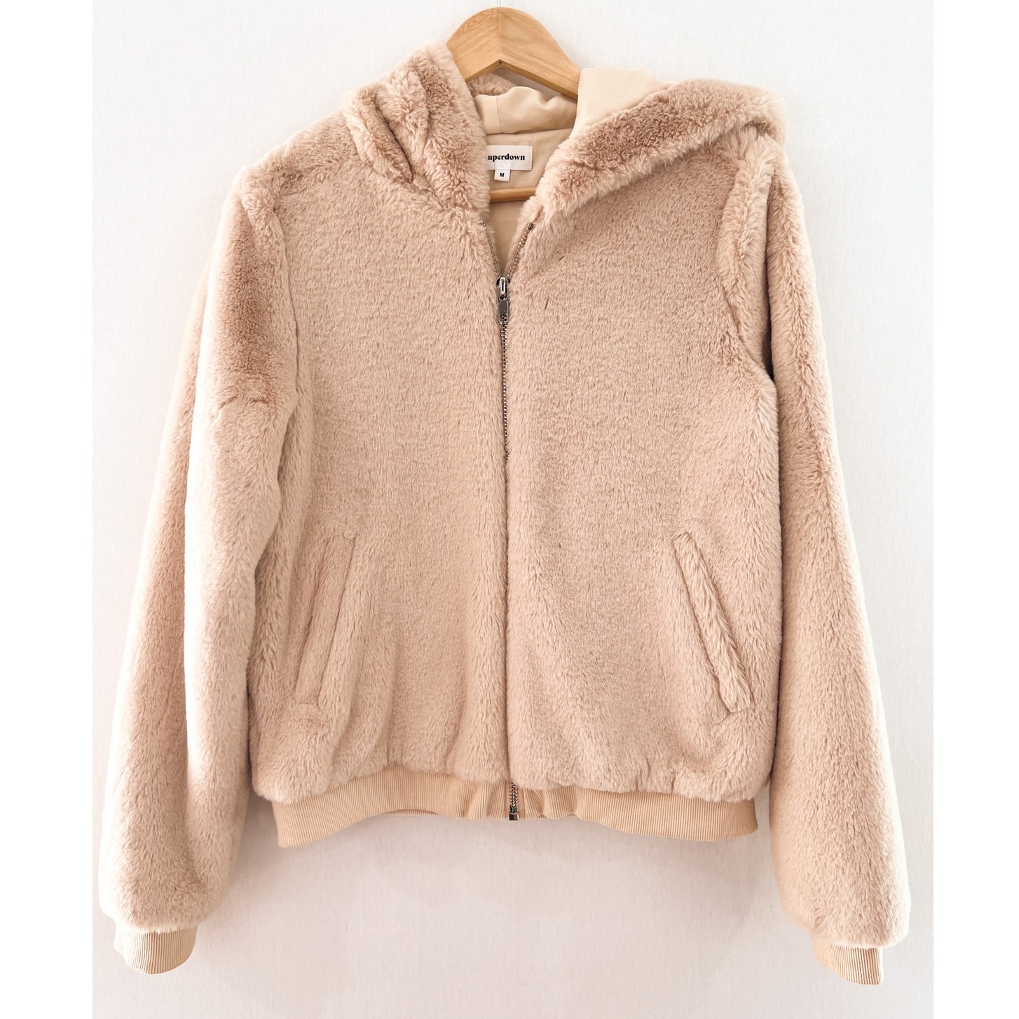 Revolve Superdown Marissa Faux Fur Hooded Jacket Medium Oatmeal