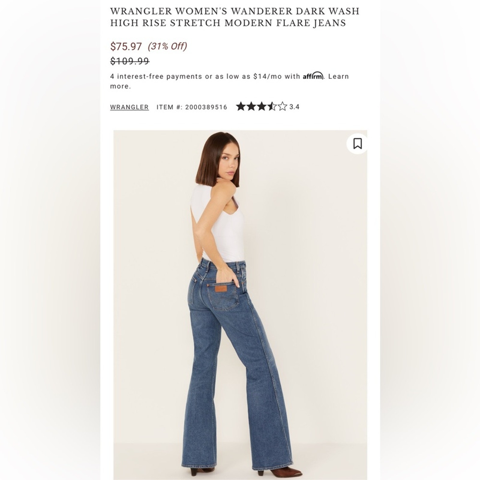 Wrangler Women’s Wanderer Dark Wash High Rise Stretch Flare Jeans Size 27W x 32L