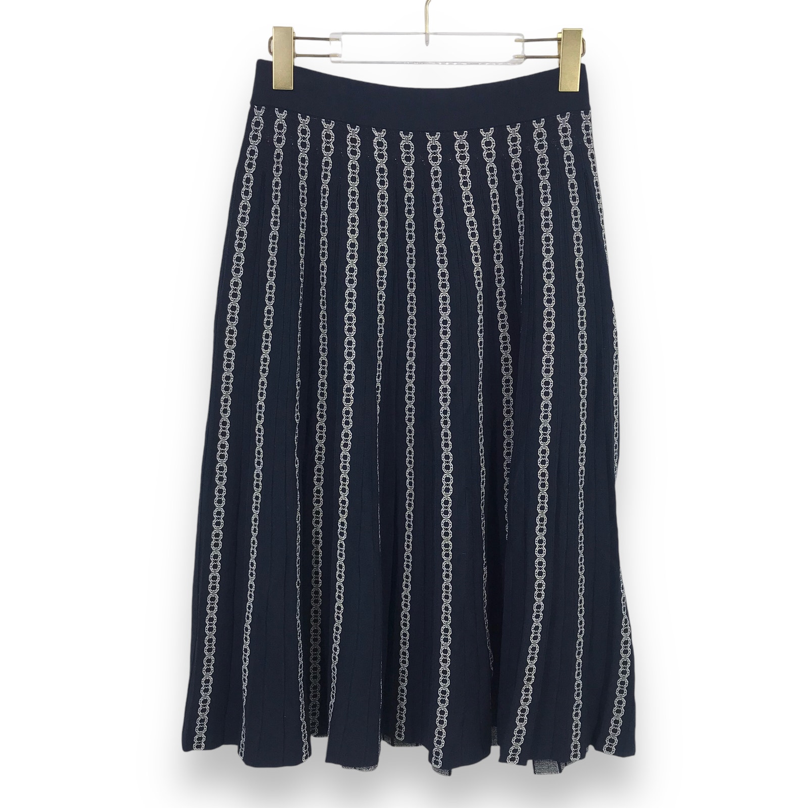 Tory Burch Gemini Link Jacquard Skirt S Elastic Waist Knee Length Knit Navy