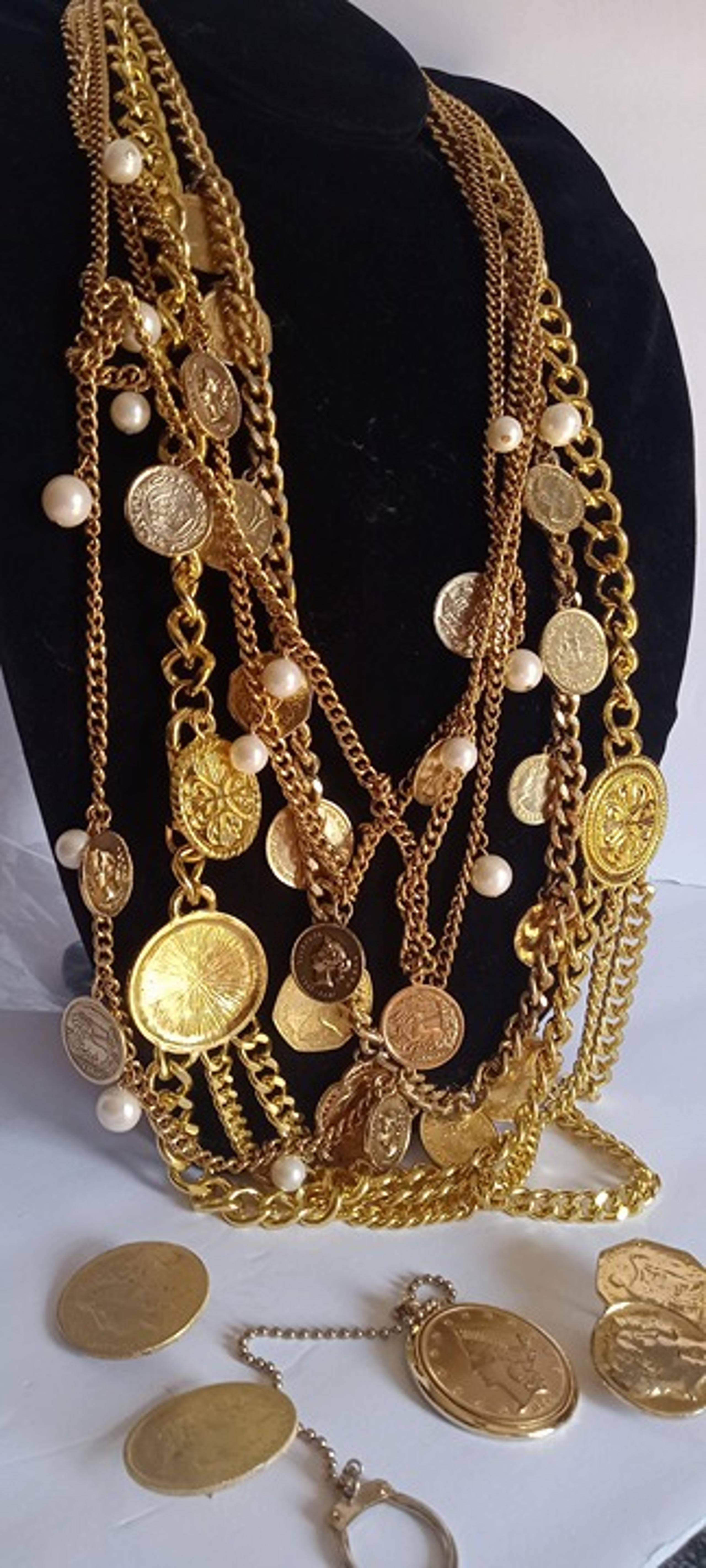 Pirate Worthy Vintage Gold-Tone Faux Coin Jewelry Lot - Belt, Necklace, etcl