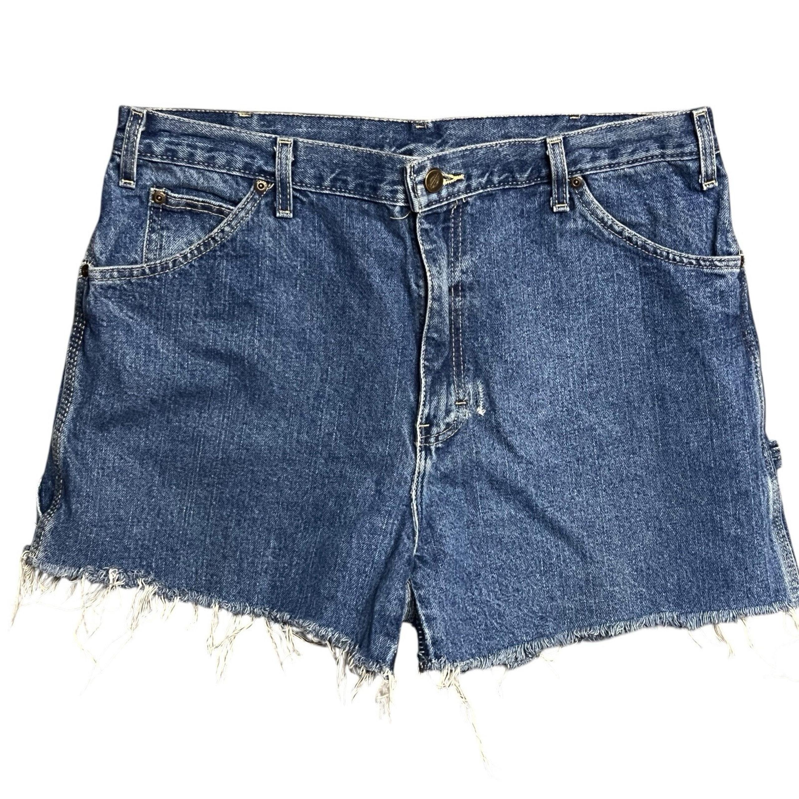 Dickies Shorts 36 Blue Denim Carpenter Frayed Hem High Rise Stone Wash Vintage