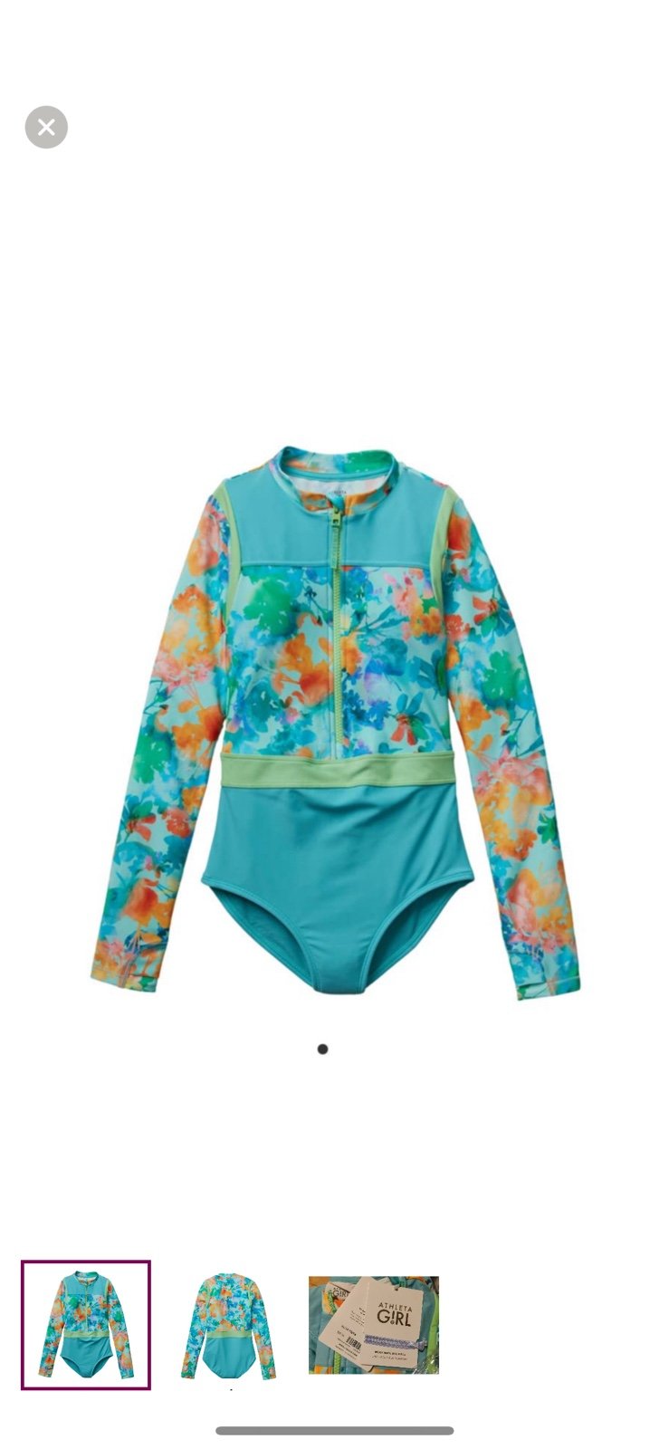 Athleta Girl Swimsuit XXL 16 Mock Neck Long Sleeve One Piece Blue Floral