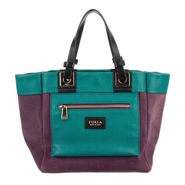 RARE Furla Tribe Reversible Tote Suede Saffiano Leather Teal Purple Italy Unisex