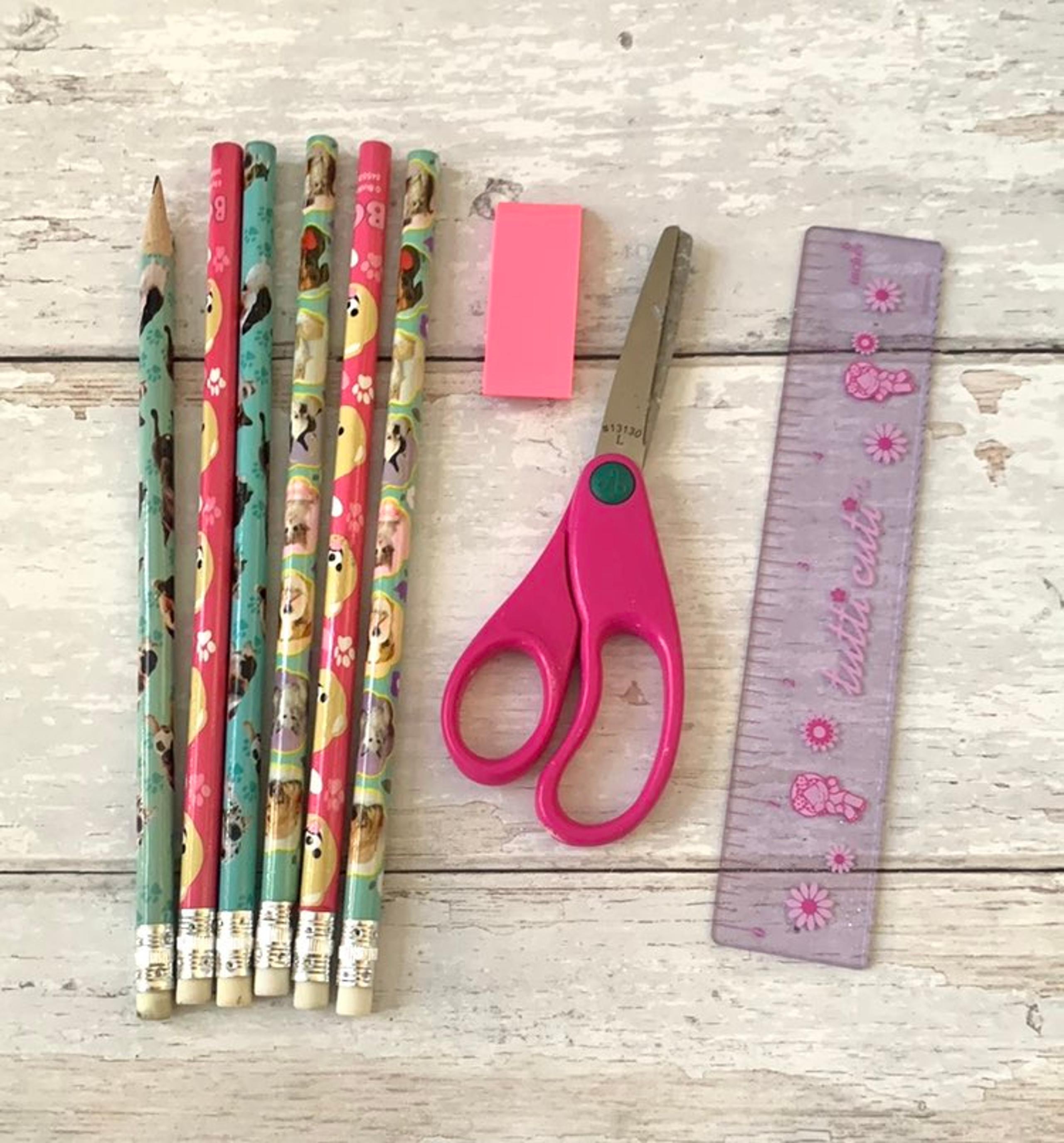 Girls Pink Puppy Kitten School Supply Bundle Ruler Pencils Eraser Kids Scissors