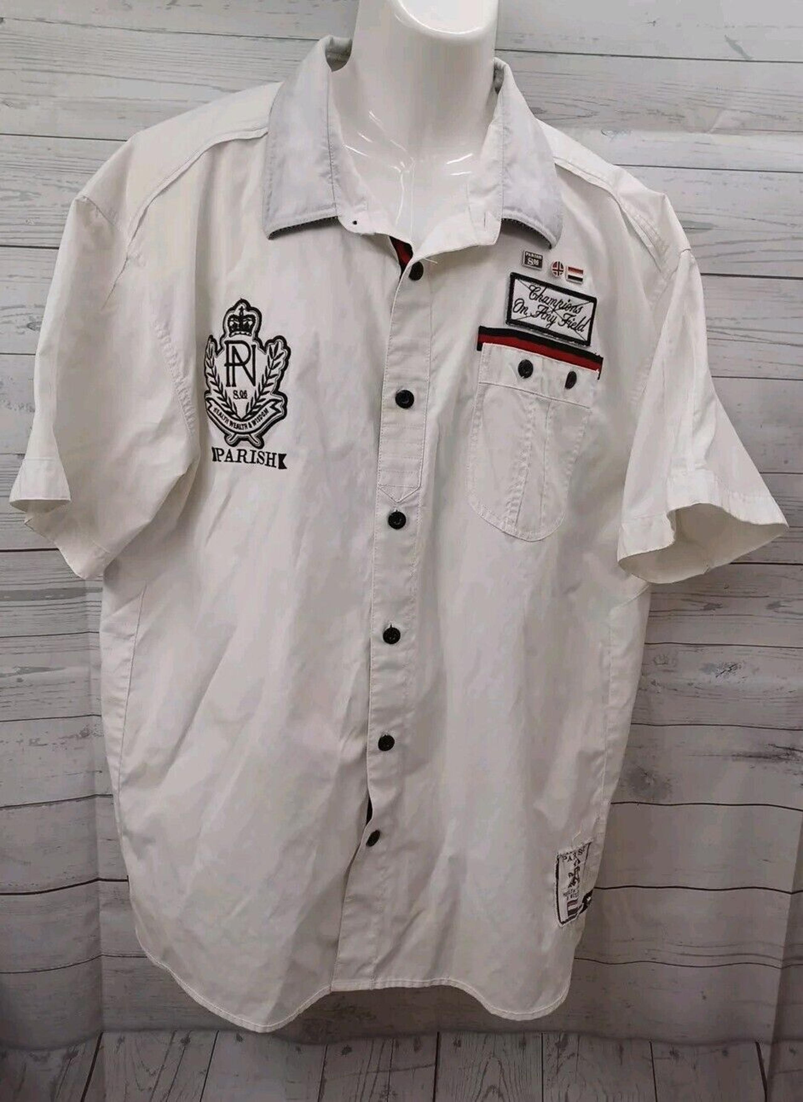 Parish Nation Men's Button-Up Shirt White 3XL Short Sleeve Embroidered And Pins