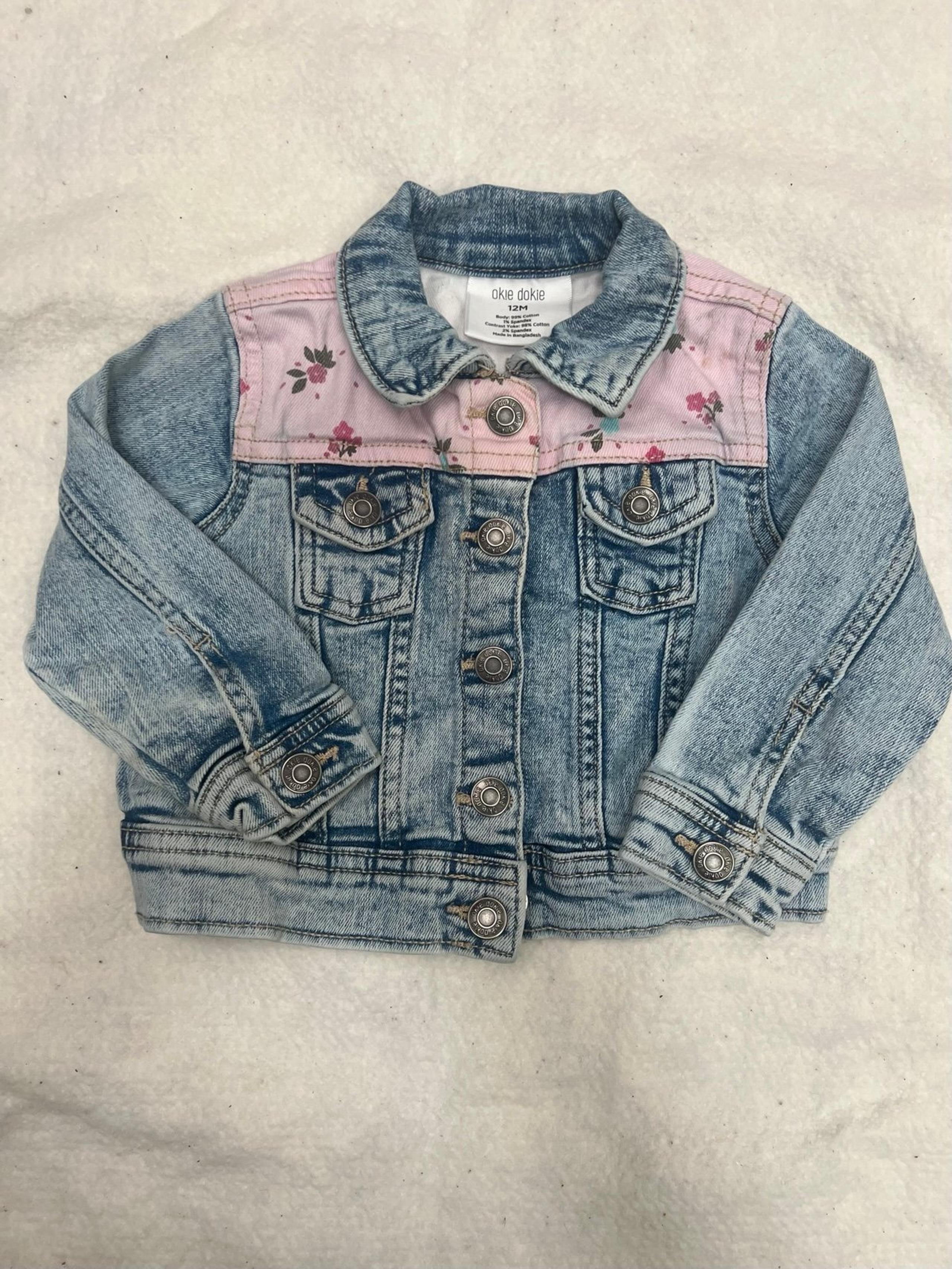 Okie Dokie Baby Girls Floral Detail Denim Jean Jacket  Size 12M cotton