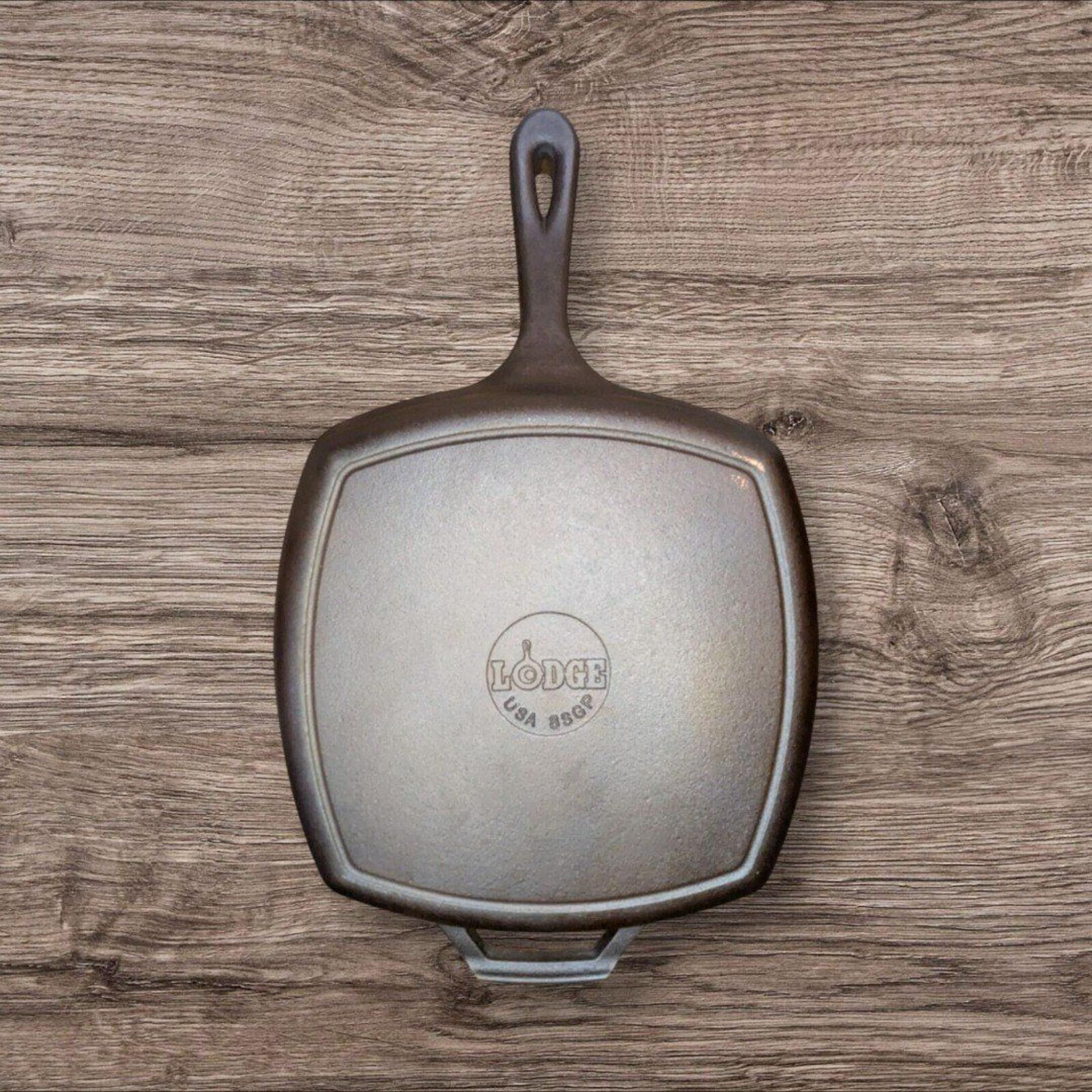 Lodge 8SGP Square Grill Cast Iron Pan w/ Helper Handle - Restored