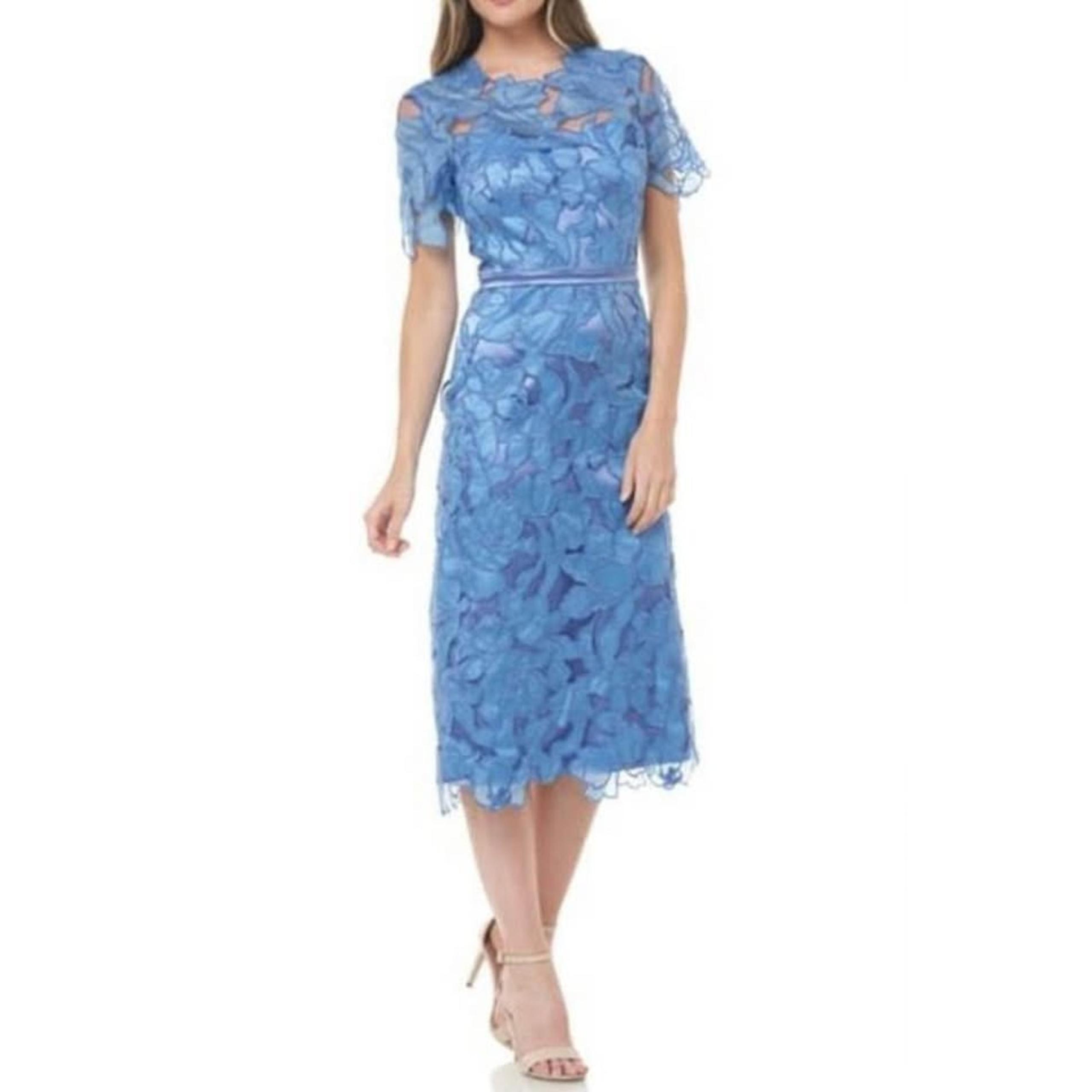 JS Collections Women’s Size 2 XS Blue Embroidered Lace Sheath Midi Dress