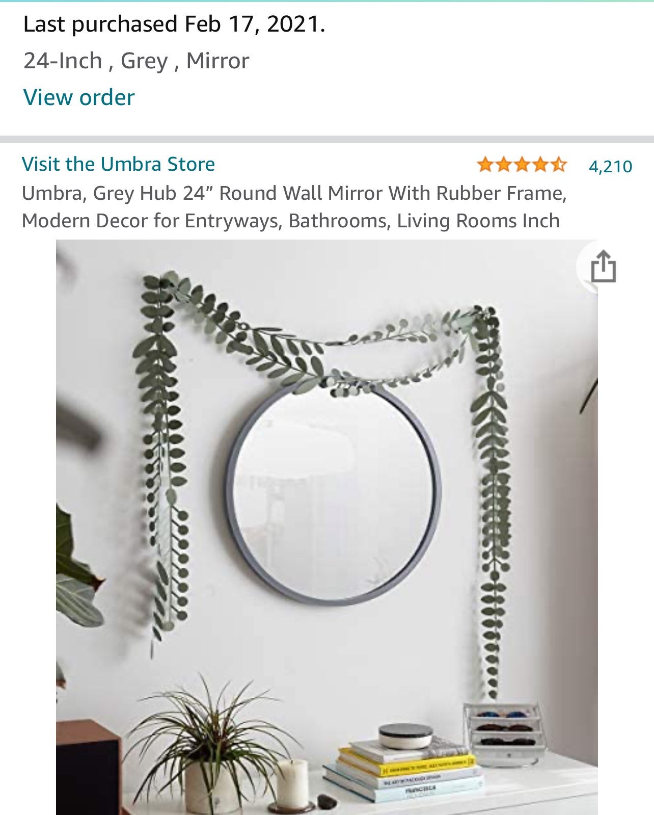 Grey 24” Round Wall Mirror With Rubber Frame | Umbra brand [100 on Amazon right