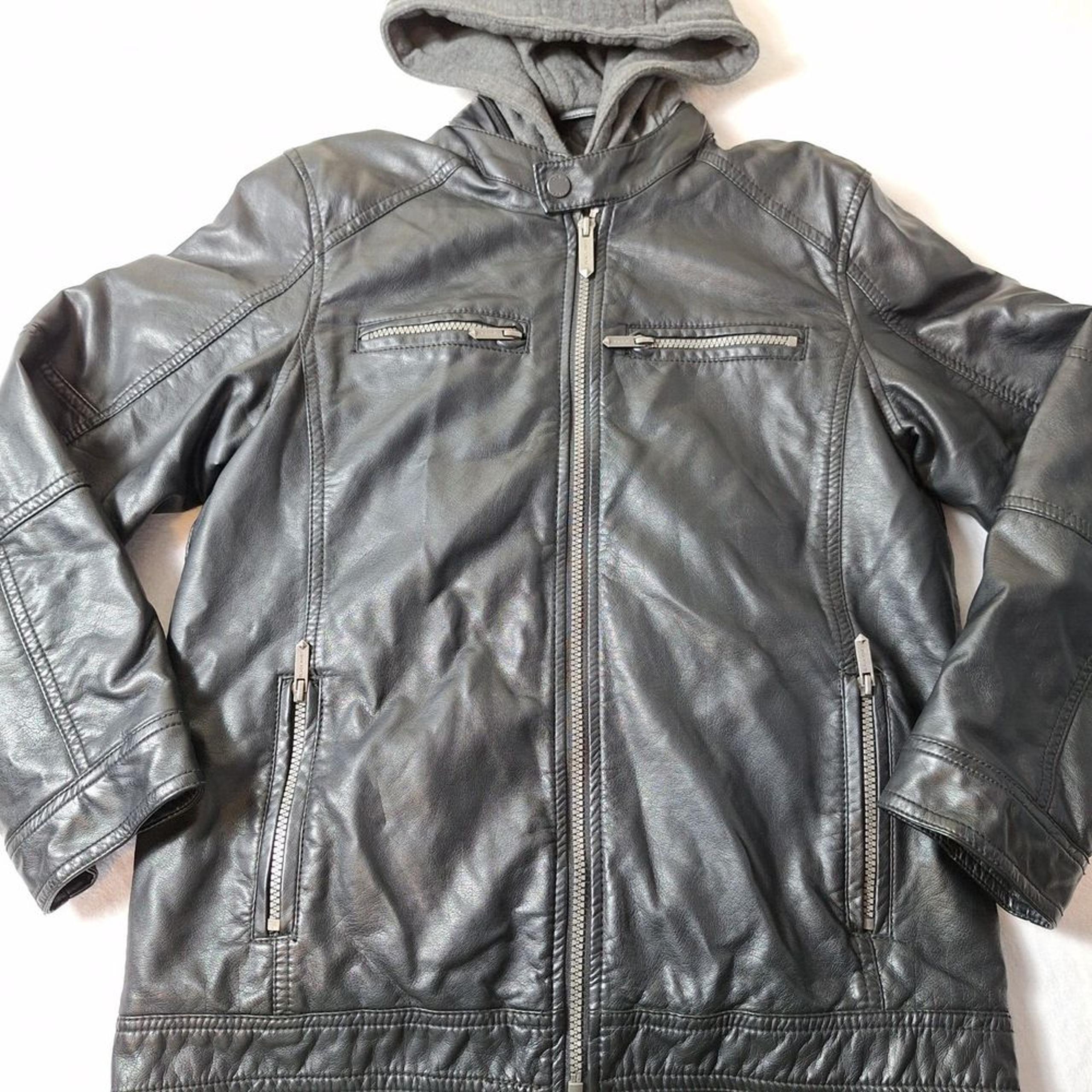 BLACK RIVET Hoodie Faux Leather Moto Jacket Sz XL Black Gray Biker Motorcycle