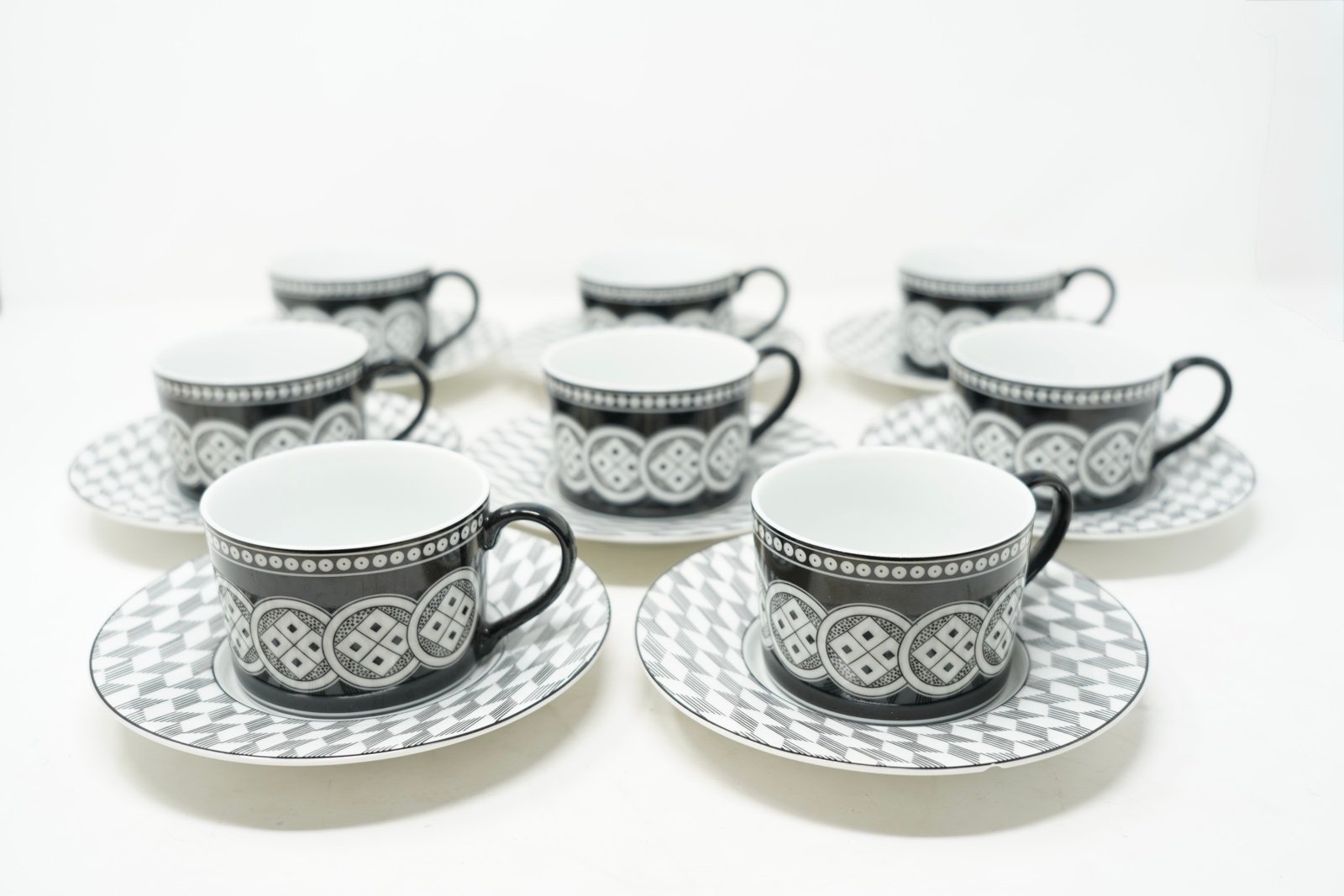 Taitu Monochrome Diamond Pattern Cup Saucer 8 Pair Set EMILIO BERGAMIN