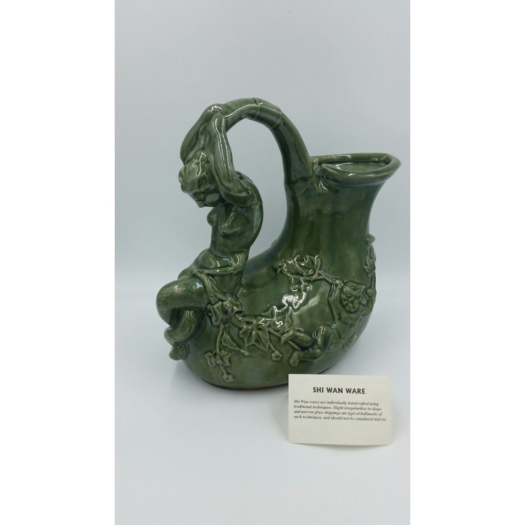 SHI WAN WARE Chinese Ceramic Pottery Vase Green MERMAID Handle Decorative