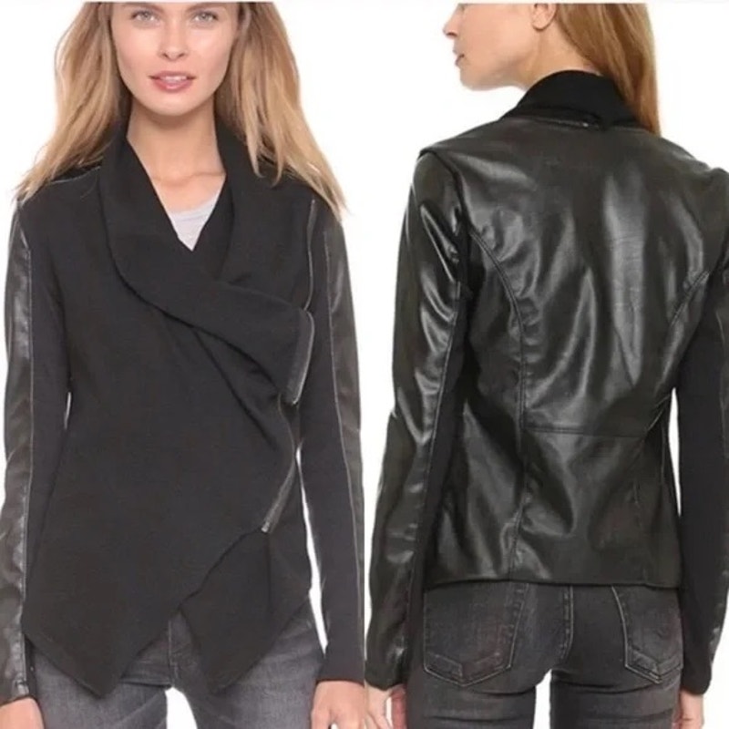 BLANK NYC Jacket Women’s Black Vegan Leather Drape Pockets Zipper Moto Sz S
