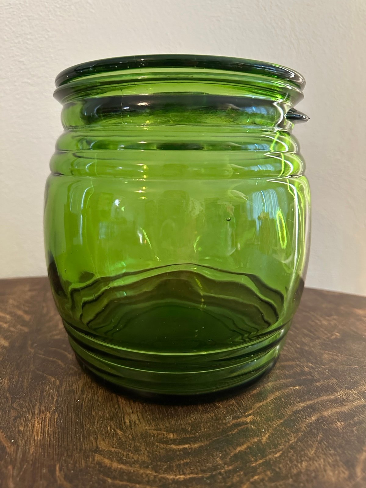 Rare HTF LE Smith Glass Avocado Green Large 1930s Cookie Jar Pickle Jar MINT CON
