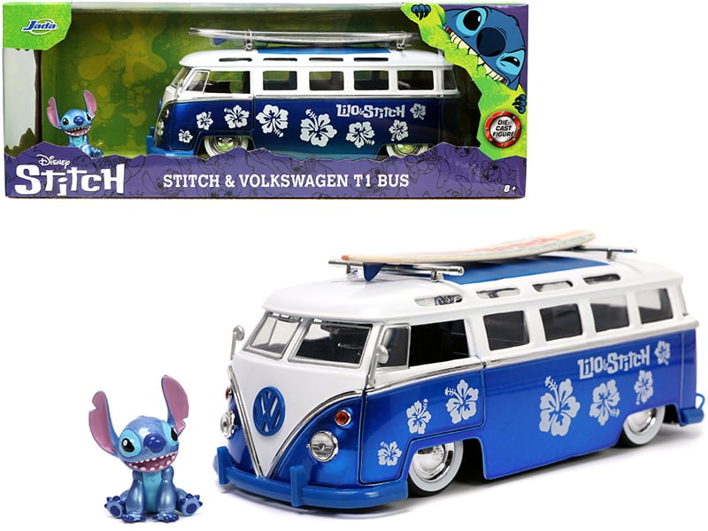 Volkswagen T1 Bus Candy Blue and White with Stitch Diecast Figurine and Surfboar