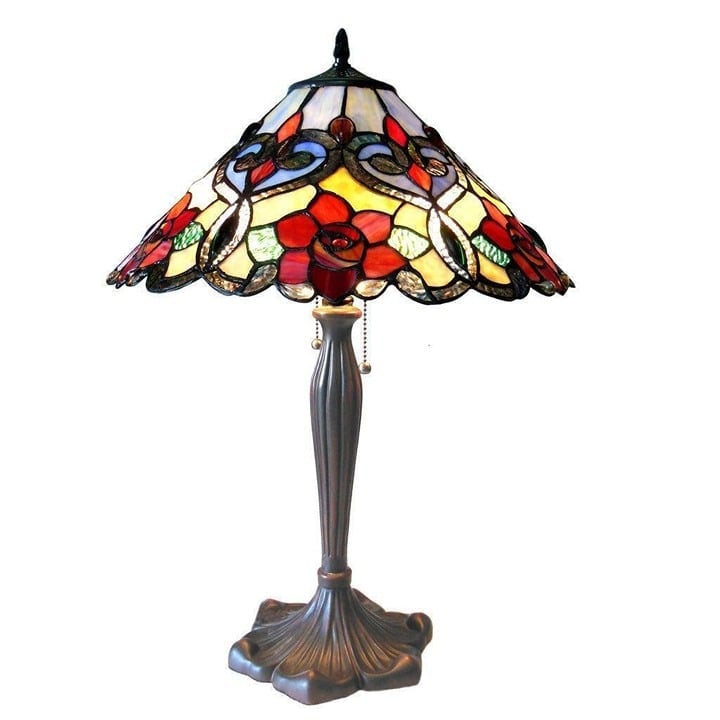 Tiffany Style 2-Light Pull Chain Table Lamp Floral Rose in Antique Bronze Finish
