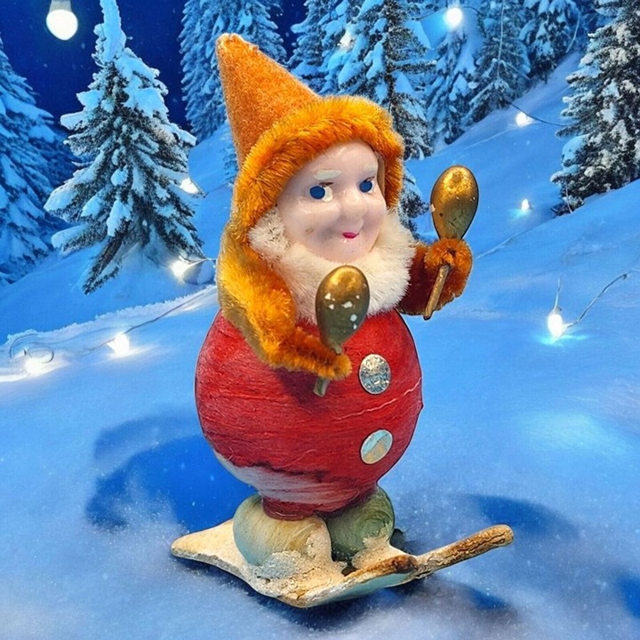 Vintage Putz Elf Figurine With Maracas Red Spun Cotton Body Orange Flocked Chris