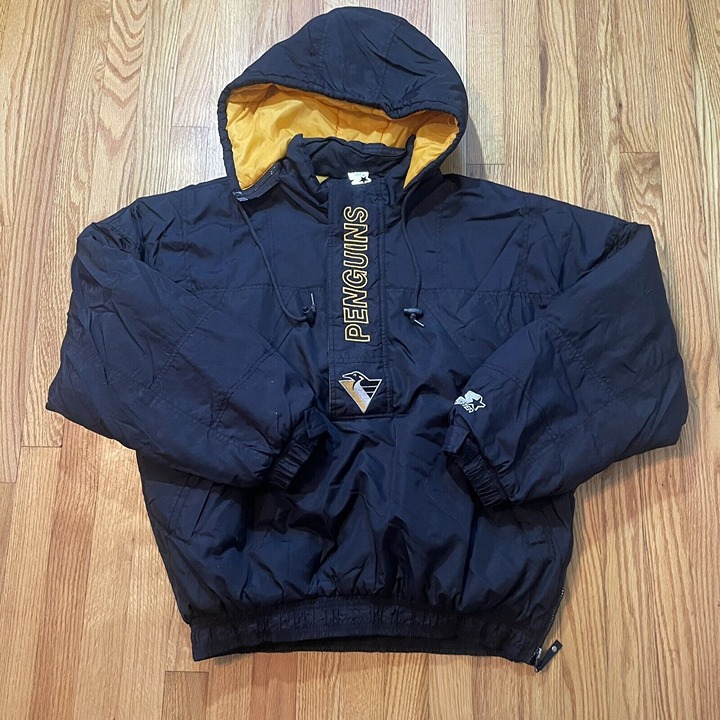 Vintage Pittsburgh Penguins STARTER Jacket Coat Hooded Size Large NHL - FLAW