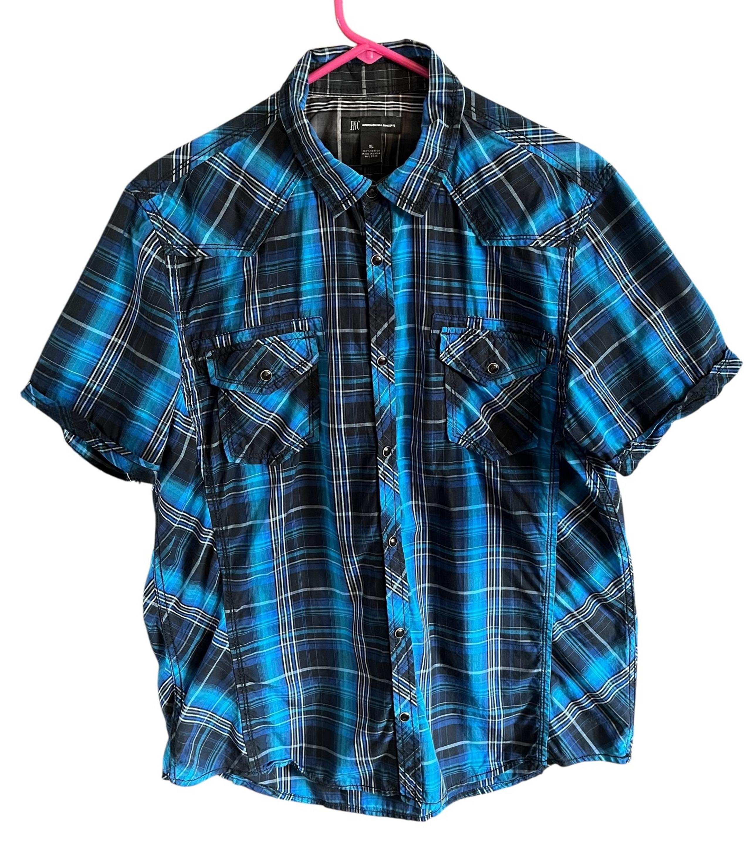 I-N-C International Concepts Men's Casual Blue and Black Plaid Shirt