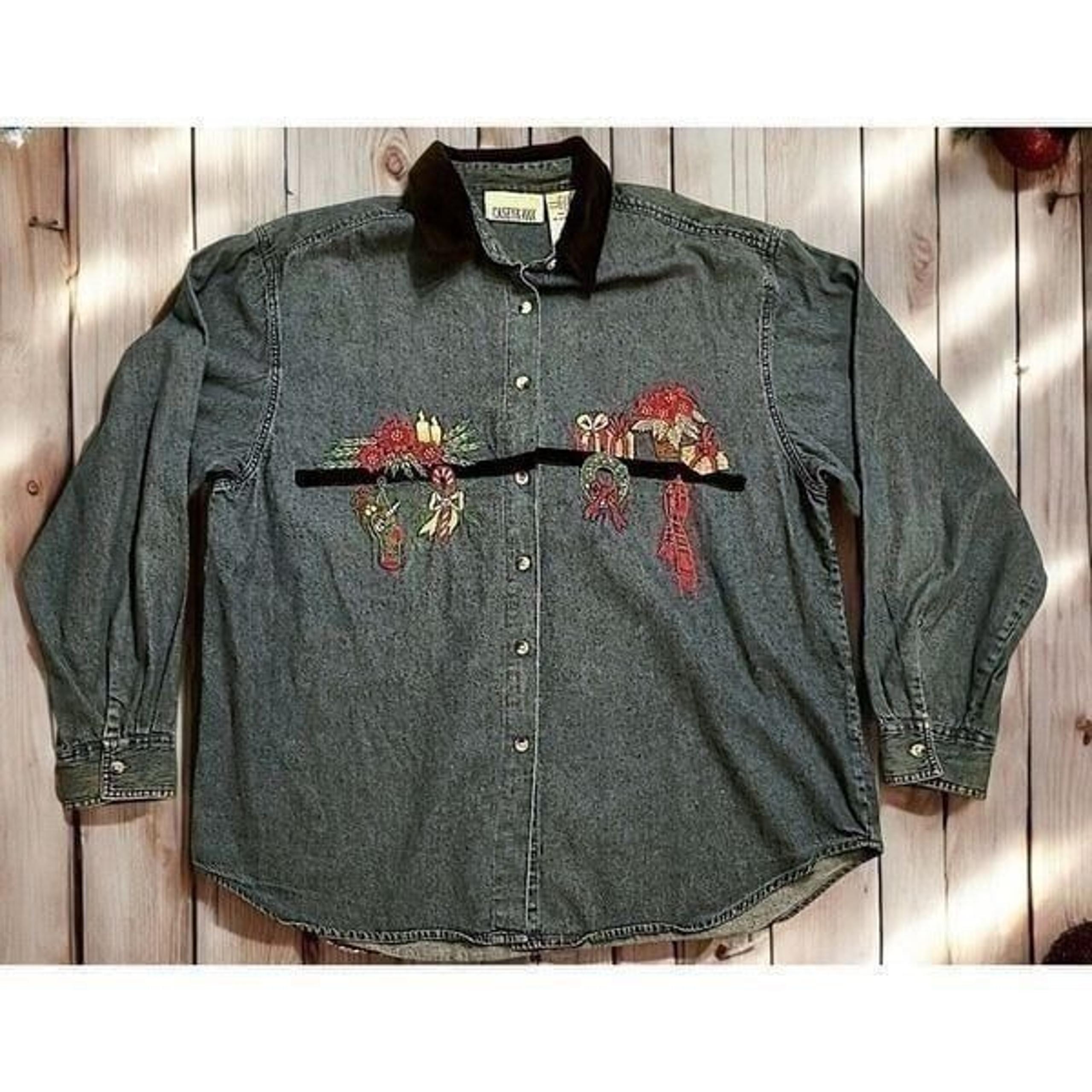 Vintage Denim Casey & Max Christmas Shirt Womens Size XL EMBROIDERED Fast Ship