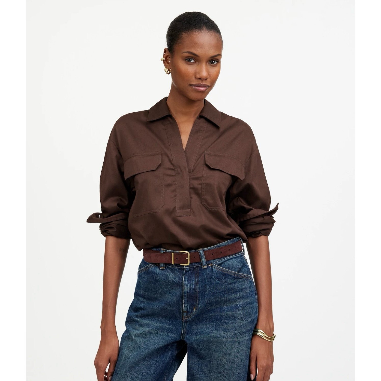 NWT Madewell Utility Long-Sleeve Popover Shirt Blouse Dark Carob Brown