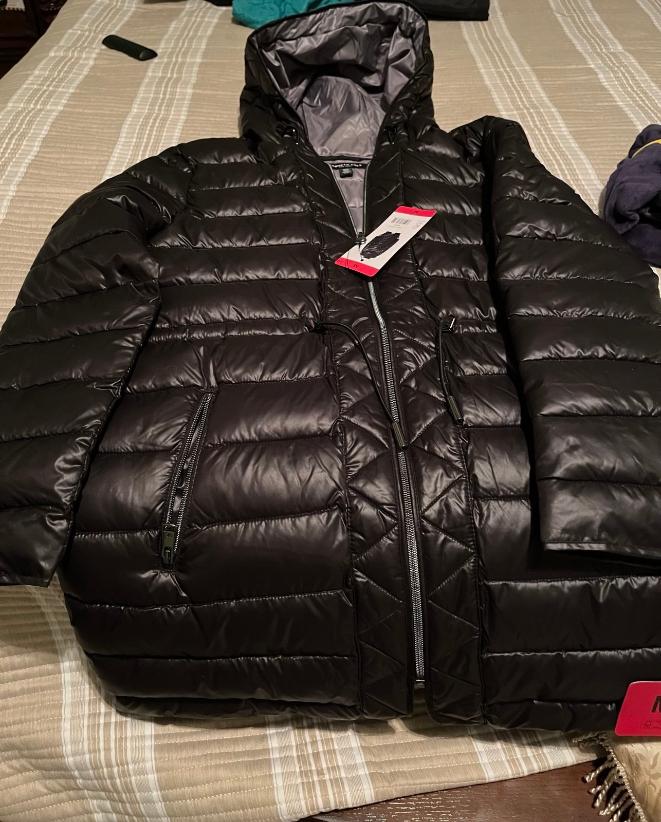 NWT Kenneth Cole Women Black Puffer Jacket Midi Medium Hood quilted MSRP 195