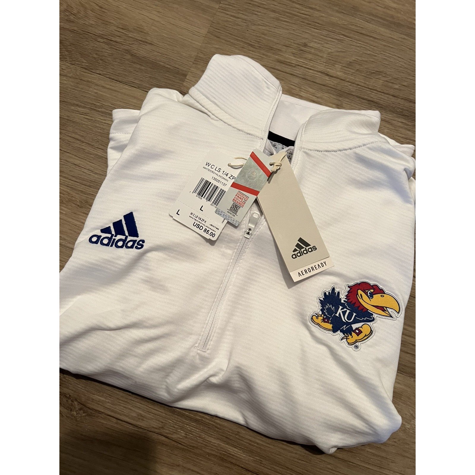 Kansas Jayhawks Adidas 1/4 Zip Pullover Sweatshirt Womens Large White Stretch