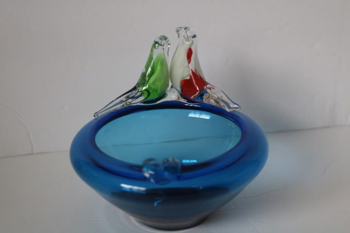 Vintage Hand Blown Glass Ashtray with Bird Decorations