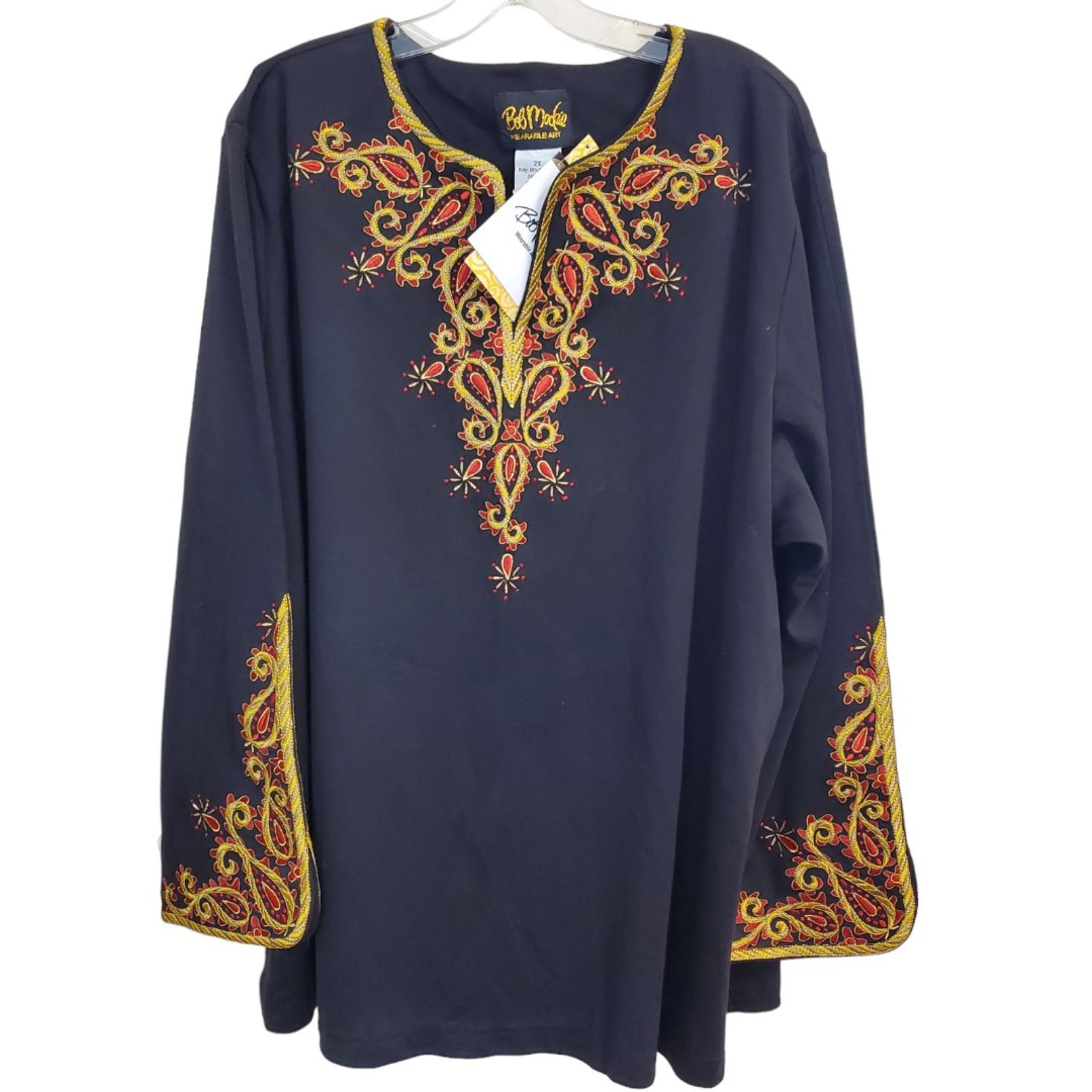 NWT Bob Mackie Embroidered Wearable Art Black/gold/Red Blouse Size 2X Tunic Top
