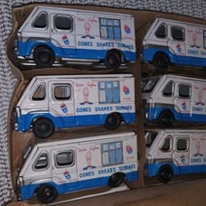 6 Mister Softee icecream tin friction trucks. Made in japan
