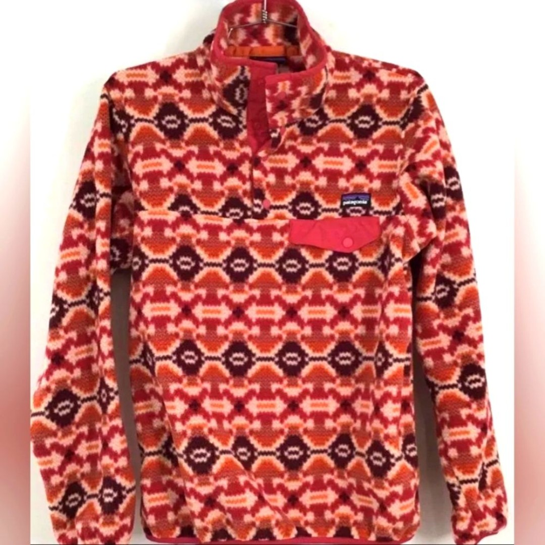 Patagonia Red Synchilla Snap T Aztec Print Fleece Pullover Sweater Women Size S
