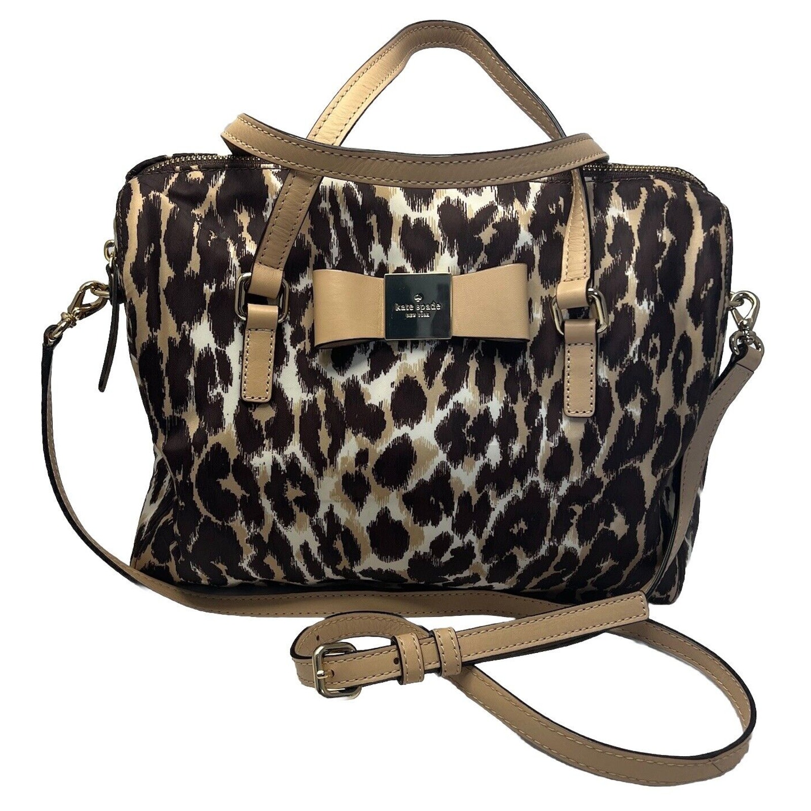 Kate Spade Satchel Veranda Place Nylon Leopard Animal Print Bow Purse Bag Gold