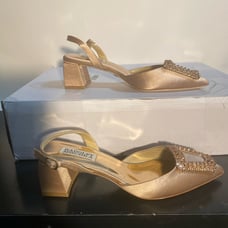 Badgley Mischka Emmie Block Heel Warm Nude Satin Slingback Crystal Buckle Sandal