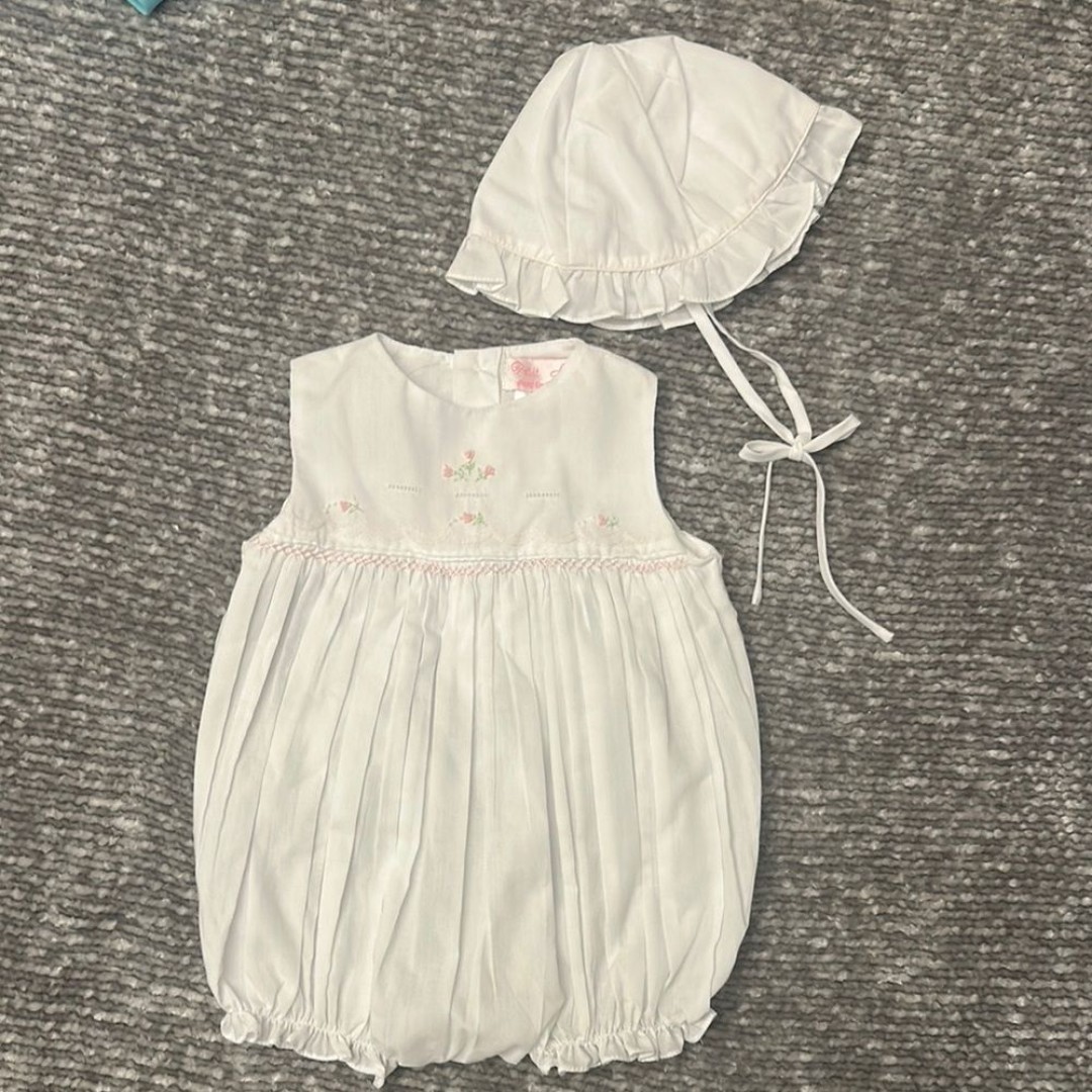 EUC Petit Ami bubble romper with sweet floral embroidery & matching Bonnet NB