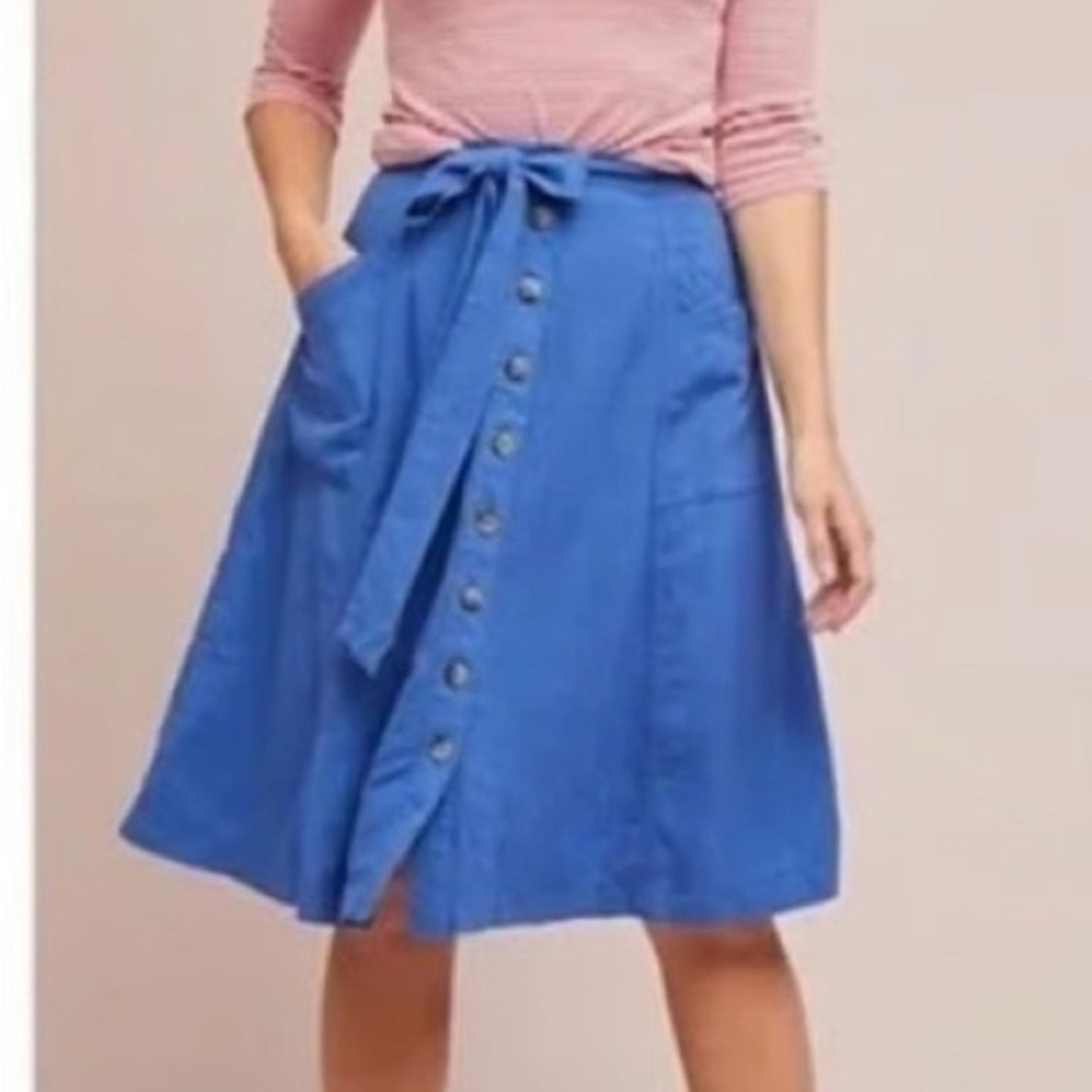 Anthropologie Blue Midi A-Line Skirt with Tie Front 4