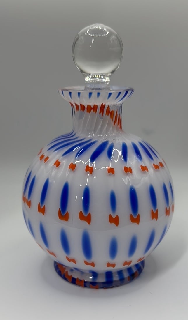 Perfume bottle White with Blue and Orange hand blown Glass 5.75” tall