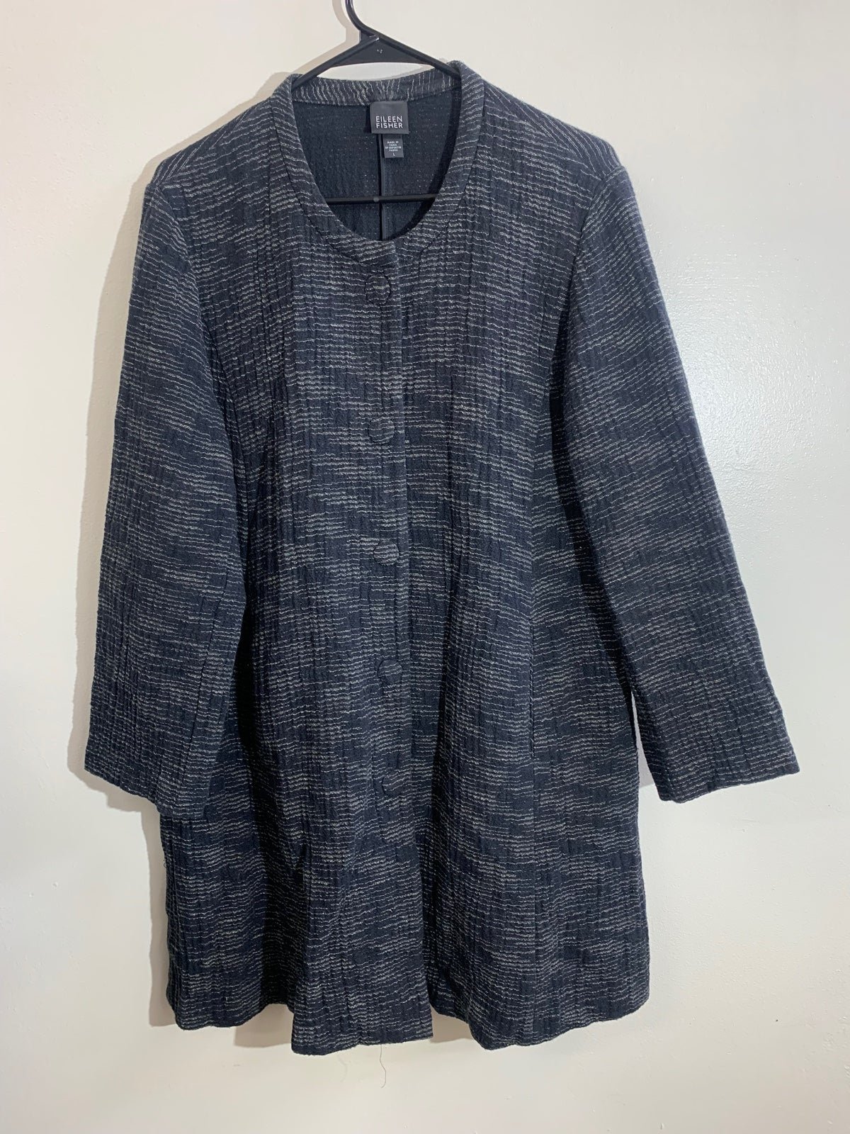 Eileen Fisher Black Iridescent Grain Jacquard Round Neck Long Jacket size Large