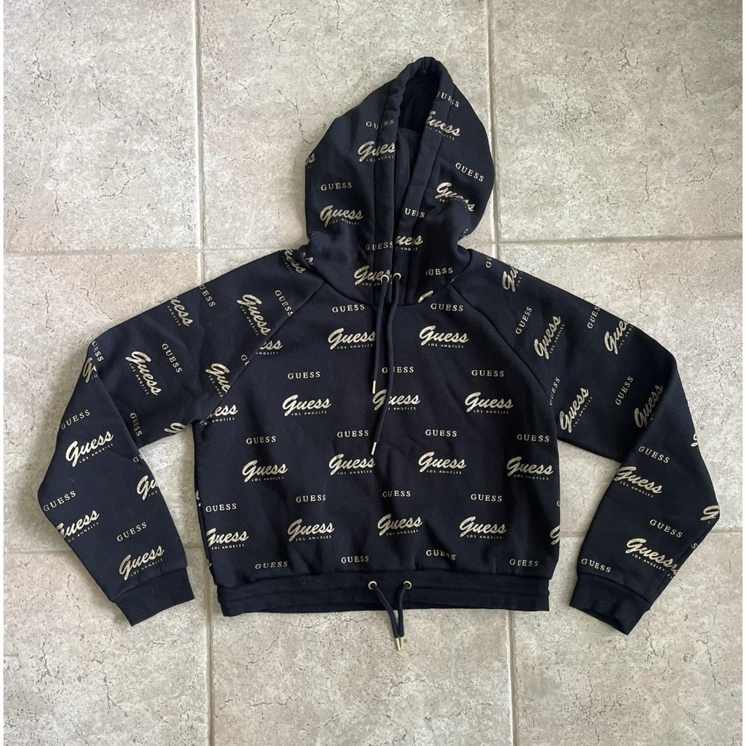 Guess Junior Size Large Crop Hooded Sweater All Over Logo Drawstring