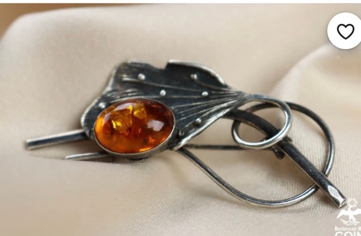 Vintage Sterling Silver & Amber Art Nouveau Leaf Swirl Lily Brooch