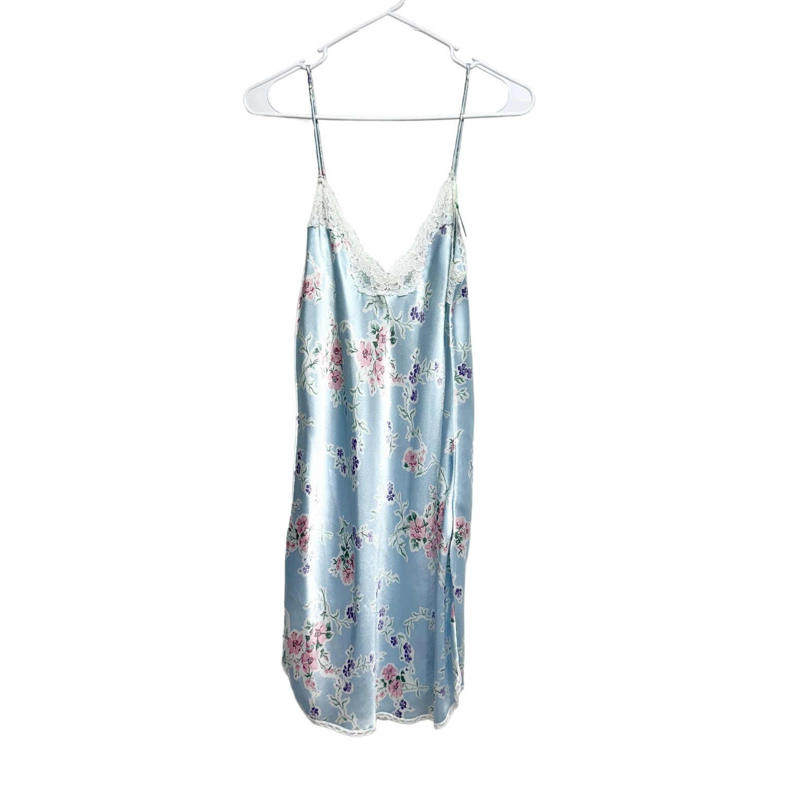 Vintage Barbizon Women Light Blue Floral Lace Slip Nightgown Mini Dress Medium