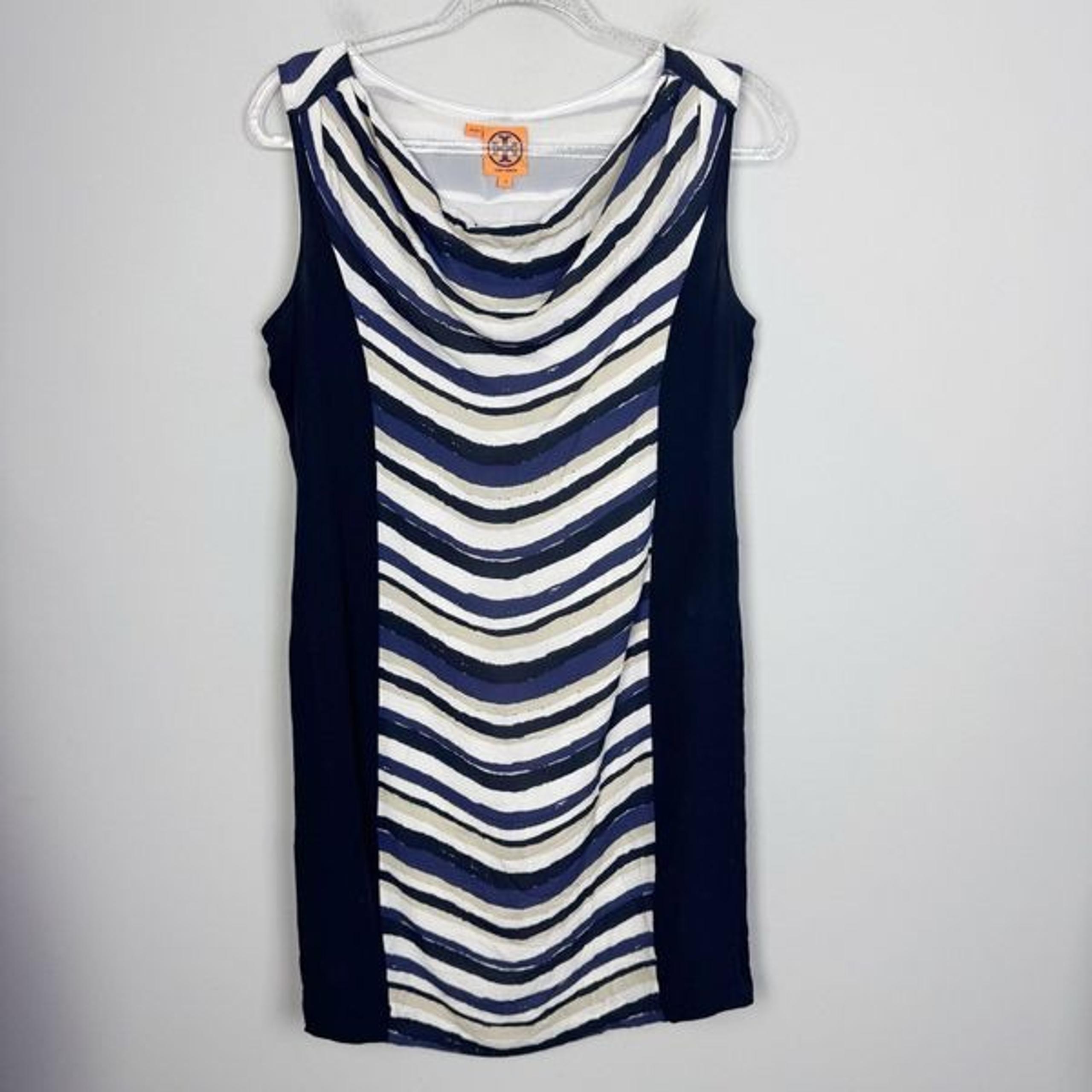 TORY BURCH | Silk Navy Blue, White, Beige, Black Striped Dress Women’s Size 10