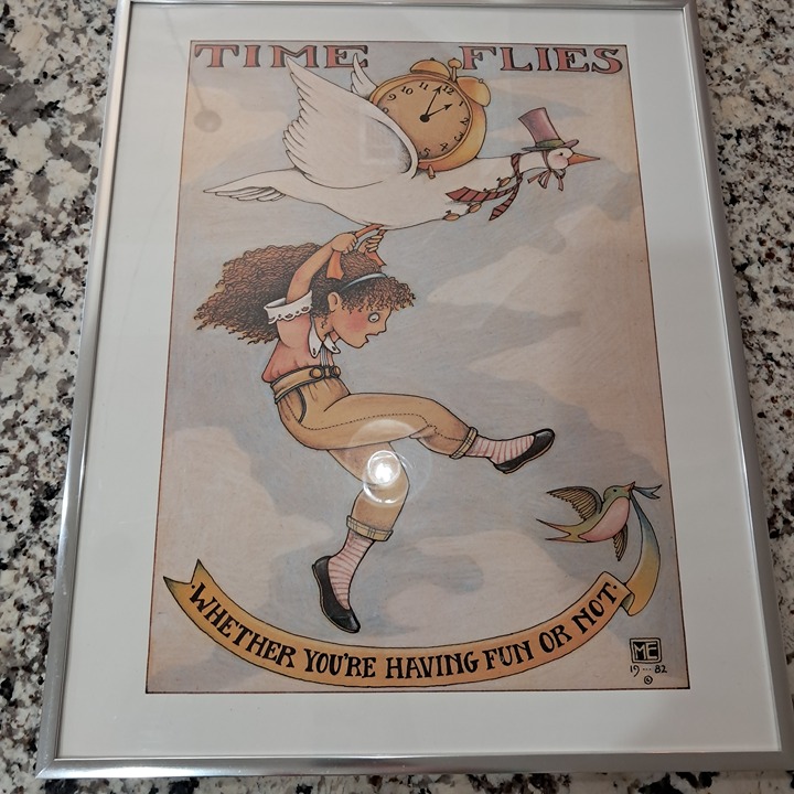 Mary Engelbreit framed art Print Time Flies Whether your having fun or not girl